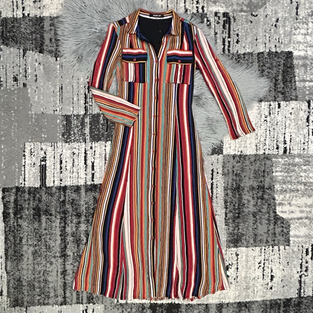 Sugarlips Women's Multistripe Button-Front Roll Sleeve Maxi Dress Size Small